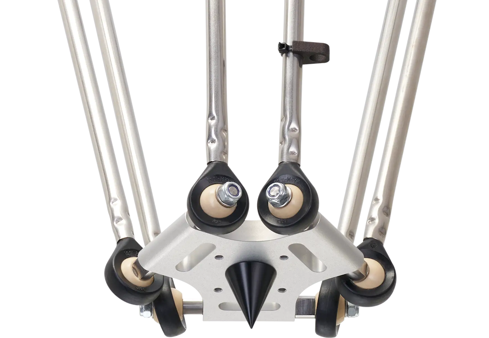 Closeup photo of a delta robot focused on the ball joints of the robot