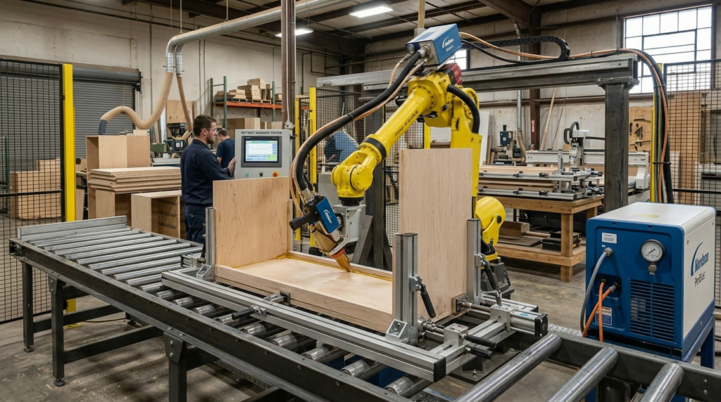 A furniture company using hot melt on their cabinet building automation cell.