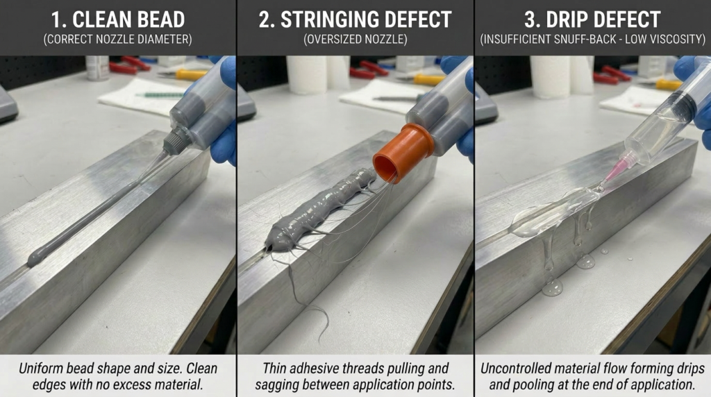 3 side by side examples of what can happen during the bead creation process. The first is a clean bead with correct nozzle diameter, then a stringing effect that comes from larger nozzles, lastly a drip effect that comes with low viscosity and no snuff back.