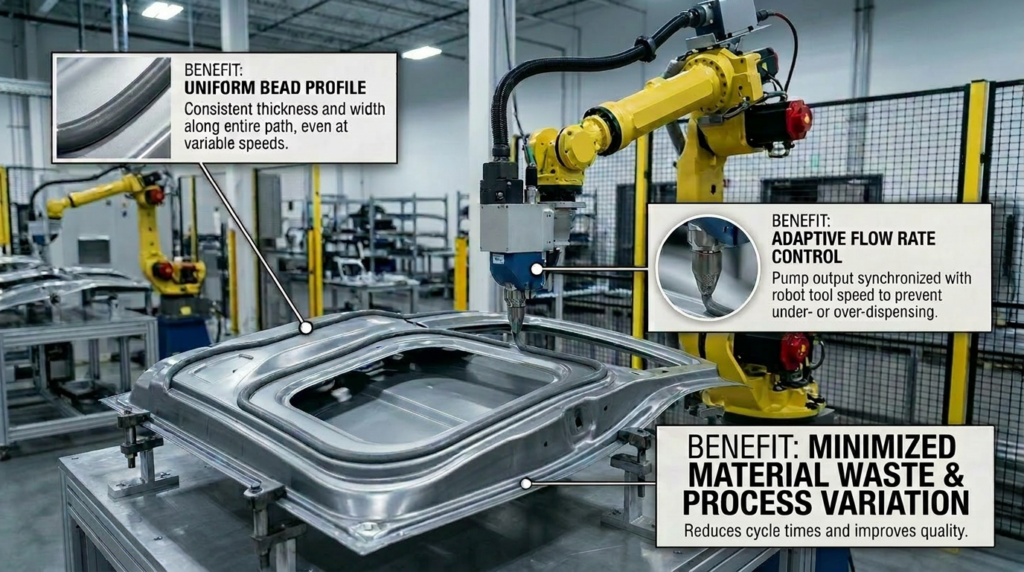 A yellow robot arm laying down a consistent bead utilizing speed synching to match the changing robot speed with the dispensing speed of the fluid.