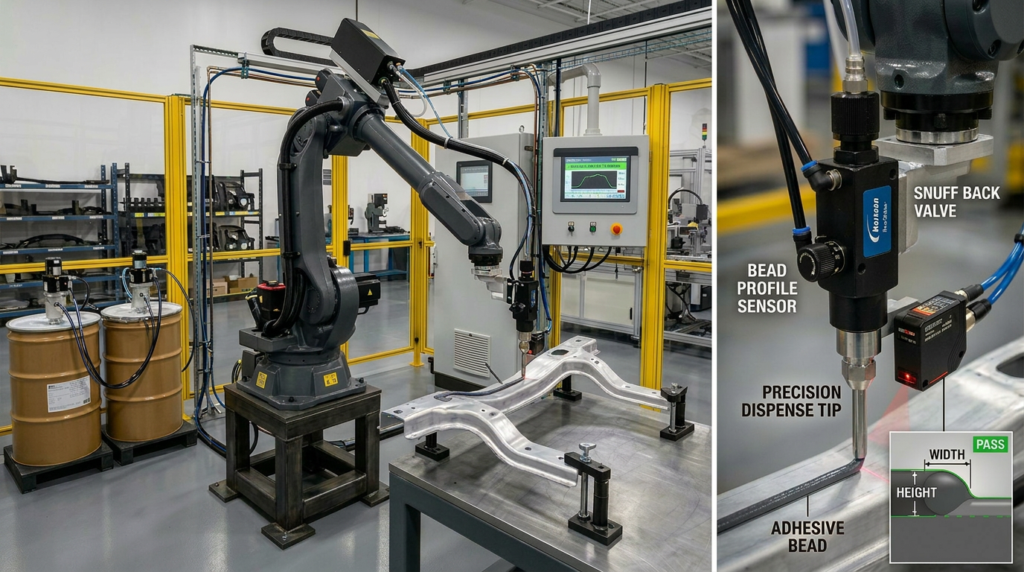 A automated dispensing cell with a close up on the nozzle unit showing products that it takes to make bead control adjustments.