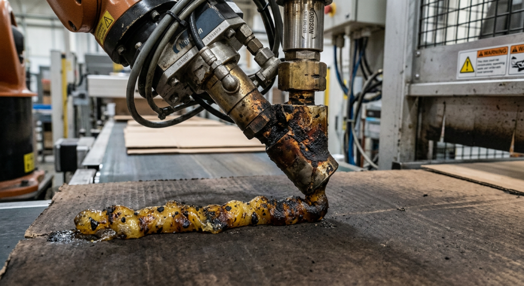 An example of Char affecting a dispensing bead and material with contaminates.