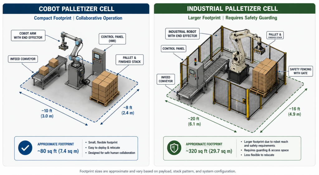 Side-by-side diagram showing a cobot palletizer cell footprint vs. an industrial palletizer cell footprint, with labeled components and approximate floor space for each