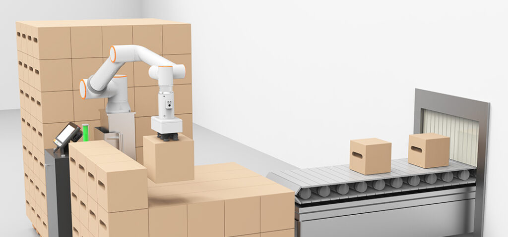 3D render of a Fairino palletizer at the end of a conveyor system