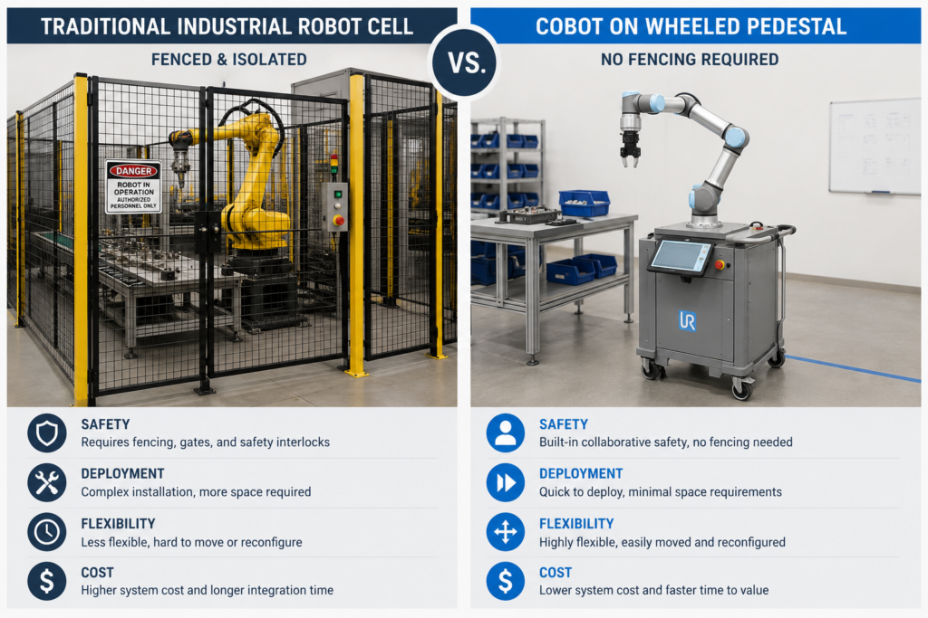 Graphic comparison of safety, deployment, flexibility, and cost between a traditional industrial robot cell and a cobot on a wheeled pedestal
