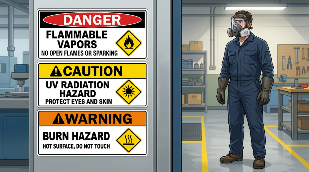 A cartoonish depiction of safety warning signs and appropriate safety attire for workers.