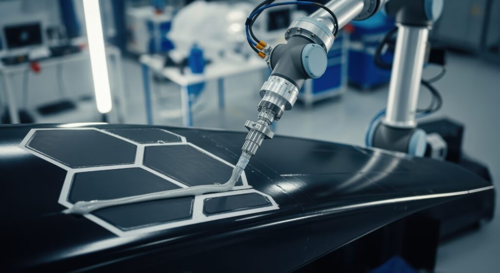 Robotic arm applying adhesive to thermal shield panels on a hypersonic glidevehicle highlighting automated bonding processes in aerospace manufacturing.
