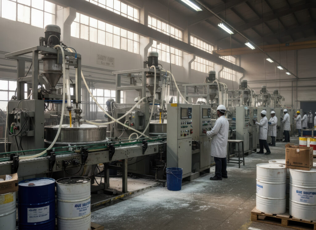 Inside the interior of a factory's glue and adhesives assembly line
